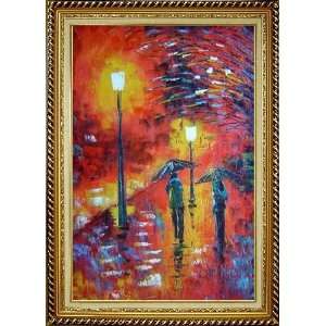 Walking On Rainy Day Street at Night Oil Painting, with Linen Liner 