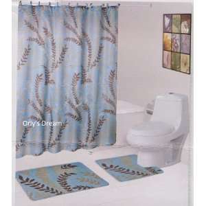  15 pc. Printed Bath Mat Set / Fabric Shower Curtain 