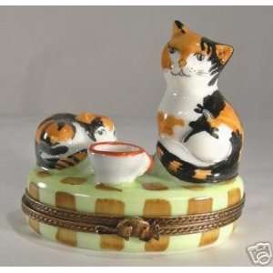  Cute Cats Cat w/ Cup of Milk French Limoges Box