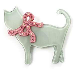  Cat With Crystal Bow Plastic Brooch (Pale Geen & Light 