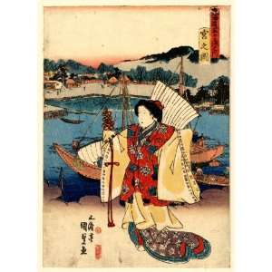 1835 Japanese Print woman standing on cloud looking down at the harbor 