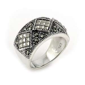 3 Diamond Shape Marcasite Sterling Silver Ring, Size 6 