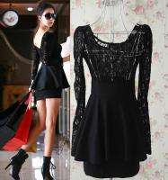 J333 women black red large lace short dress plus size big long sleeves 