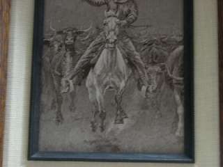   REMINGTON ETCHING PLATE COWBOY BEING CHASED IN CATTLE DRIVE  