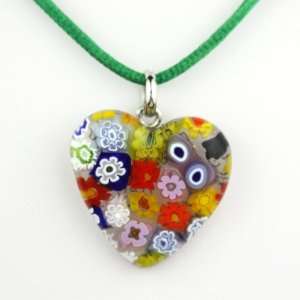   Handmade Heart Shaped Murano Pendant  Jenny with Green Cord Jewelry