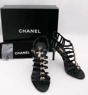 CHANEL Black Silver Bows Cage Open Sandal High Heel Pump Shoe 9 39 NEW 