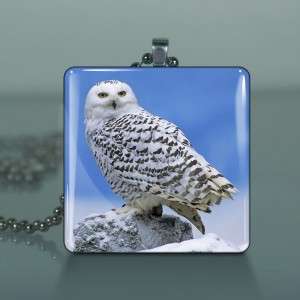 Snowy Owl In Winter Glass Tile Necklace Pendant 154  