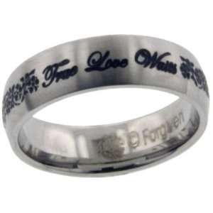 True Love Waits Floral Vine Cursive Text Stainless Steel Ring Size 8 
