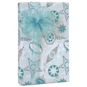 Christmas AQUA ORNAMENTS Silver White Gift Wrap Wrapping Paper   16ft 