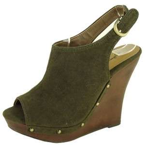 QUPID ~ OPEN TOE SLINGBACK WEDGE ~ OLIVE GREEN SUEDE  