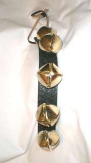 AMISH MADE LEATHER STRAP & 5 LARGE BRASS SLEIGH BELLS  GREAT HOLIDAY 