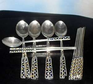   VTG Silver plated painted flower handle chopstick spoon 23 piece set