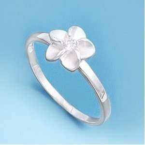 Rhodium Plated Sterling Silver 9mm Plumeria Shaped Clear CZ Ring (Size 