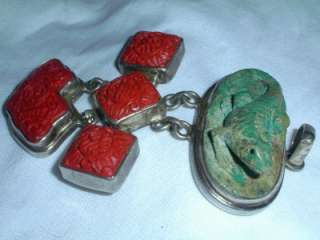    BOLD CARVED TURQUOISE LIZARD PENDANT W/ CARVED CINNABAR  