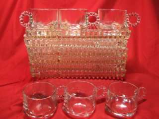 VINTAGE SNACK SET BEADED PRESSED GLASS LUNCH SET OF 6 PLATES CUPS 