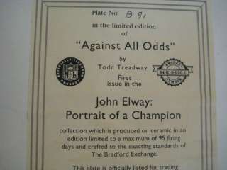 JOHN ELWAY AGAINST ALL ODDS COLLECTORS PLATE W/ C.O.A.  