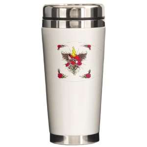   Travel Drink Mug Love Flaming Heart with Angel Wings 