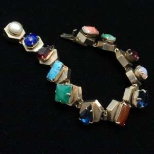 Semi Precious Stones Prong  Set Vintage Silver Bracelet  
