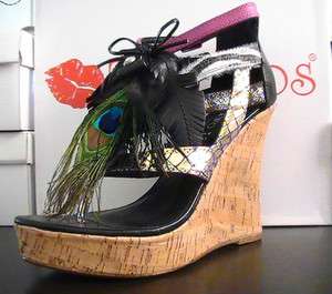 Two Lips Plume Feather Cork Wedge Black Retail $129.95  