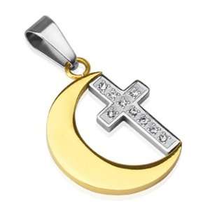  Spikes 316L Stainless Steel Gold IP Crescent Moon CZ Cross 
