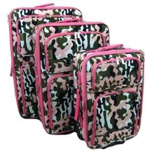  3 Piece Pink Camo Suitcase Set Luggage Hot Pink Trim 