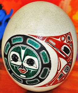 Eskimo, Inuit Art,Ostrich Egg Scrimshaw Red,Green,Black  