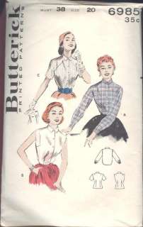   Pattern 6985 Blouse Vintage 1940 50 Size 20 Club Collar 3 Style  