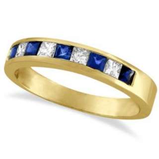    Set Princess Diamond & Sapphire Wedding Ring Band 14k Yellow Gold