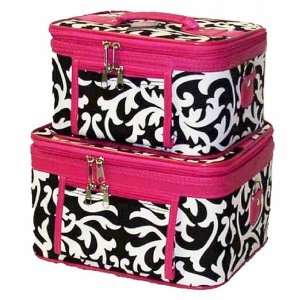   Cosmetic Toiletry 2 Piece Luggage Set Damask Hot Pink Trim Beauty