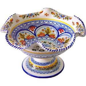  Ceramic Pedestal Fruit Bowl From Spain. Multicolor