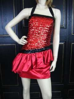   RED Metallic SEQUIN Tiered Skirt PARTY PROM Dance MINI DRESS Vtg 80s M