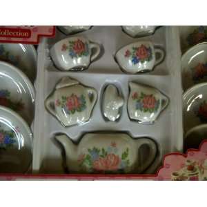 Crafted Porcelain China Tea Set, 17 Piece Rose Pattern Design, Service 