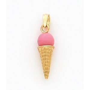  Pink Enameled Ice Cream Cone Charm, 14K Yellow Gold 