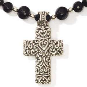   20 Sterling Silver And Black Onyx Beaded Necklace With Cross Jewelry