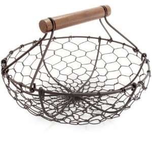  Round Wire Basket with Wood Handle, 7 1/4 x 2 1/2 