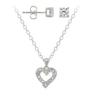  Sterling Silver Designe Inspired CZ Heart Pendant & Stud 