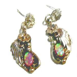 Opal Feather Sterling Silver Earrings Native American Silversmith 