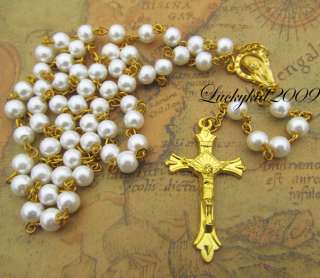 Rosary Rosario Jesus Cross Round Bead Necklace Gold Glass Pendant 