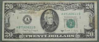 1988 A TWENTY DOLLAR FEDERAL RESERVE NOTE VF STAINED BOSTON 3611D 