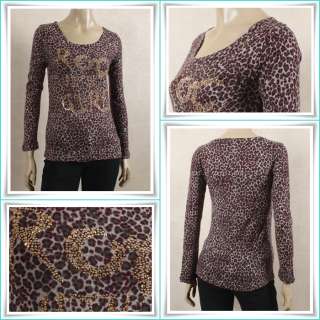 Women Leopard Print Slim Fit Studded T Shirt Size XS  