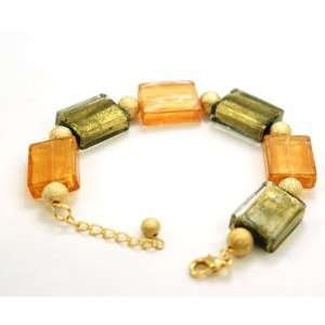  Orangey & Gold Square Glass Bead Bracelet By TOC Jewelry