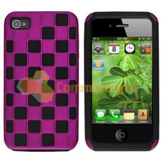Purple Checkered+Yellow Clear Side Hybrid Hard Case Cover For iPhone 4 