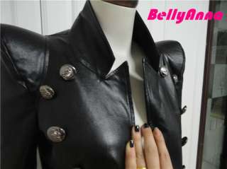 Black PU Leather Peak Power Shoulder Blazer Jacket Coat  