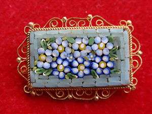   VINTAGE GOLD PLATED ITALIAN MICRO MOSAIC FLOWER BROOCH PIN  