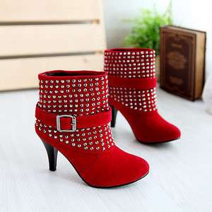 New Fashion Red Sexy Suede Ankle High Heel Boots US Size5 9 F025 