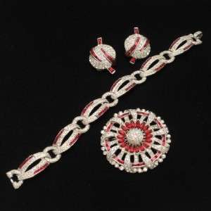 Mazer Set Bracelet Brooch Pin Earrings Vintage Superb Deep Red Stones 
