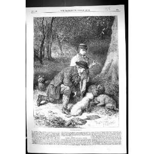  1869 Man Boy Truffle Hunting Dogs Deer Woods Trees Antique 
