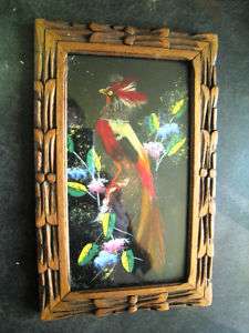 Vintage Mexico Hand Carved Frame W/HP Feather Art Bird  