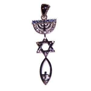 Messianic Seal with blue CZ stones  Style XIV   Sterling Silver (4.4 