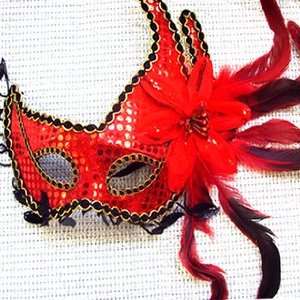  Masquerade Ball Feather Mask in Red Flashing Trim Decor 